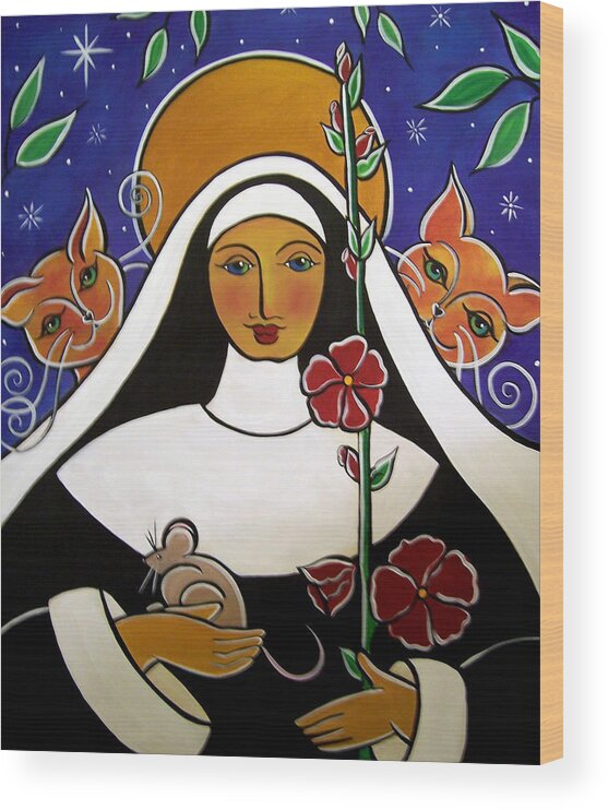 Cats Wood Print featuring the painting St. Gertrude Patron Saint of Cats by Jan Oliver-Schultz