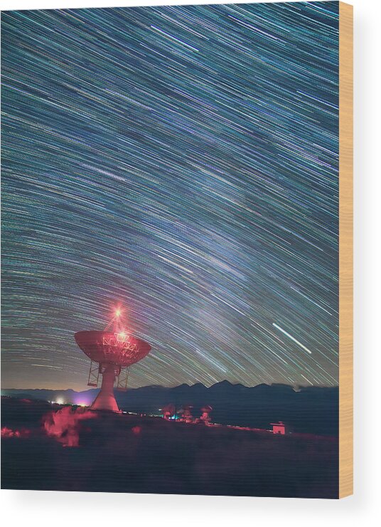 Star Trails Wood Print featuring the photograph Star Trails and Radio Tower by Lindsay Thomson