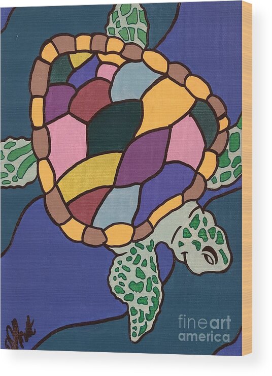 Turtle Wood Print featuring the painting Steve The Sea Turtle by Elena Pratt
