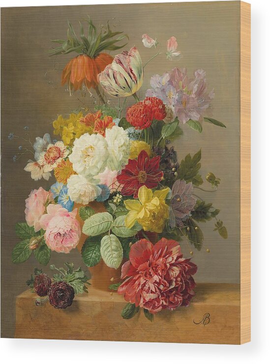  Wood Print featuring the drawing Still life with roses peonies tulips narcissi convulvulus and others in a vase on a marble ledge art by Arnoldus Bloemers Dutch