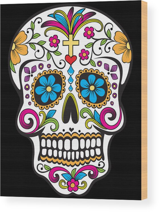 Halloween Wood Print featuring the digital art Sugar Skull Day of the Dead Dia De Los Muertos by Flippin Sweet Gear