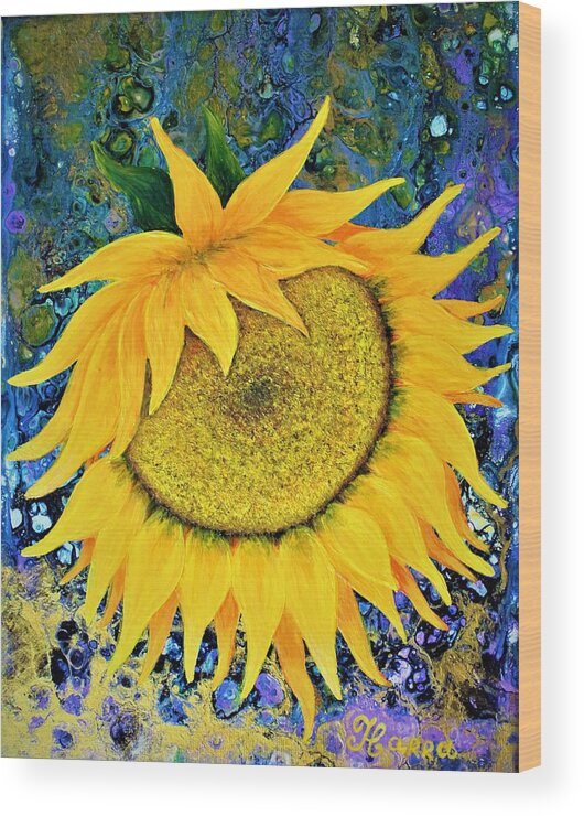 Wall Art Home Decoration Sunflower Flowers Yellow Sunflower Abstract Art Acrylic Painting Pouring Art Pouring Technique Pouring Effects Fluid Art Abstract Pour Mixed Media Gift Idea Yellow Flowers Wood Print featuring the painting Sunny Sunflower by Tanya Harr