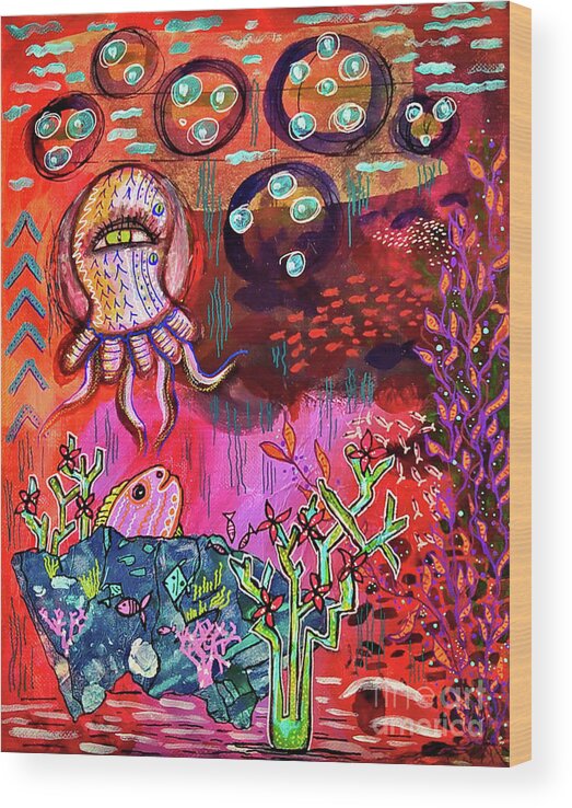 Outsider Art Wood Print featuring the mixed media Sunset at the Bottom of the Ocean by Mimulux Patricia No