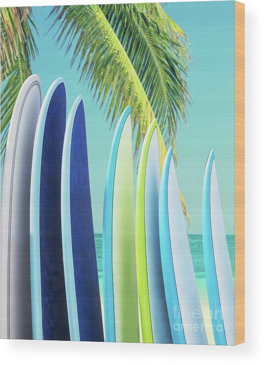 Surf Wood Print featuring the photograph Surfboards and palm tree by Delphimages Photo Creations