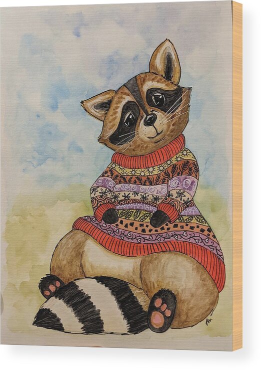 Raccoon Wood Print featuring the painting Sweater raccoon by Lisa Mutch