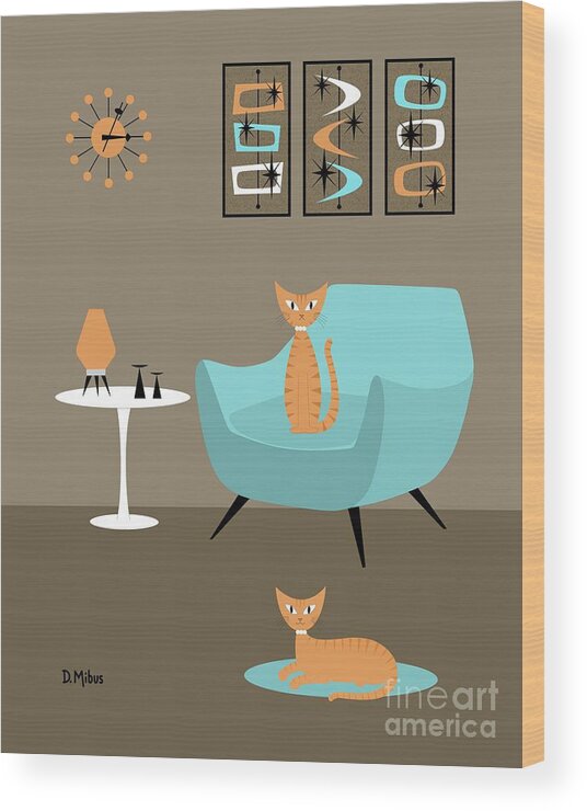 Orange Striped Tabby Cats Wood Print featuring the digital art Tabby Cats in Blue and Orange by Donna Mibus