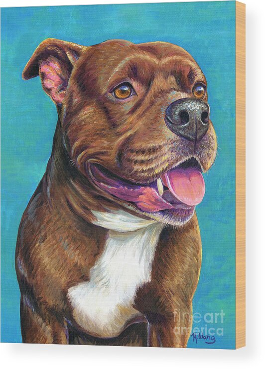 Staffordshire Bull Terrier Wood Print featuring the painting Tallulah the Staffordshire Bull Terrier Dog by Rebecca Wang