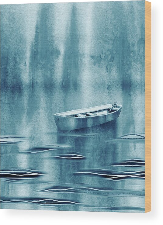 Teal Blue Calm Waters Boat Wood Print featuring the painting Teal Blue Waters Of The Lake With Single Boat Drifting by Irina Sztukowski