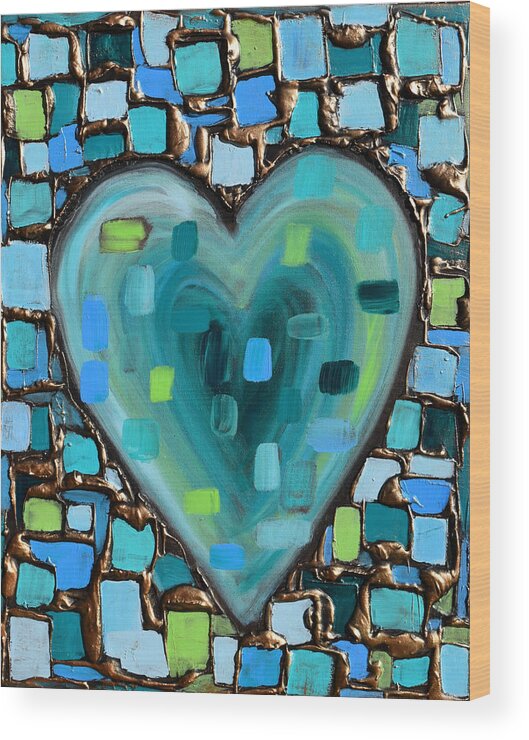 Heart Wood Print featuring the painting Teal Mosaic Heart by Amanda Dagg