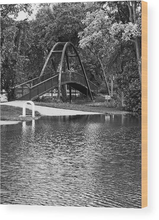 Flooding Wood Print featuring the photograph Tenney Park Bridge, Madison, WIsconsin BW by Steven Ralser
