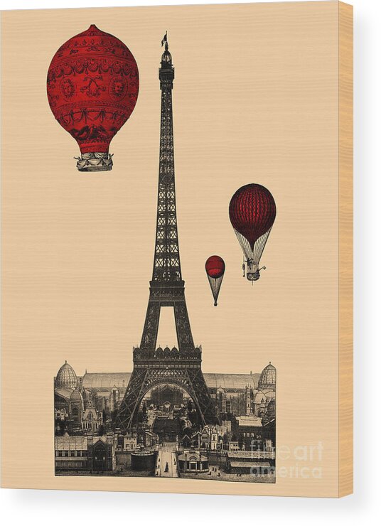 Eiffel Wood Print featuring the digital art The Eiffel Tower With Red Balloons by Madame Memento