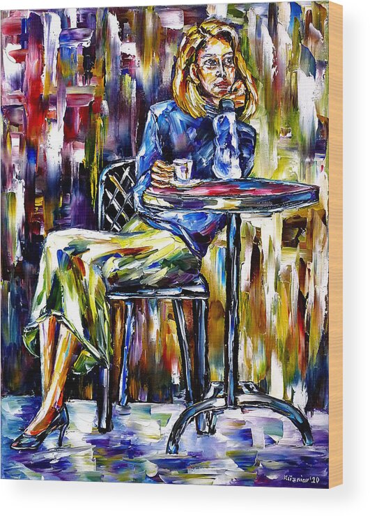Woman In Cafe Wood Print featuring the painting The Espresso Drinker by Mirek Kuzniar