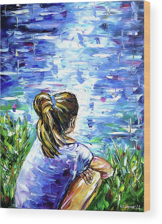 Young Girl Wood Print featuring the painting The Girl By The Lake by Mirek Kuzniar