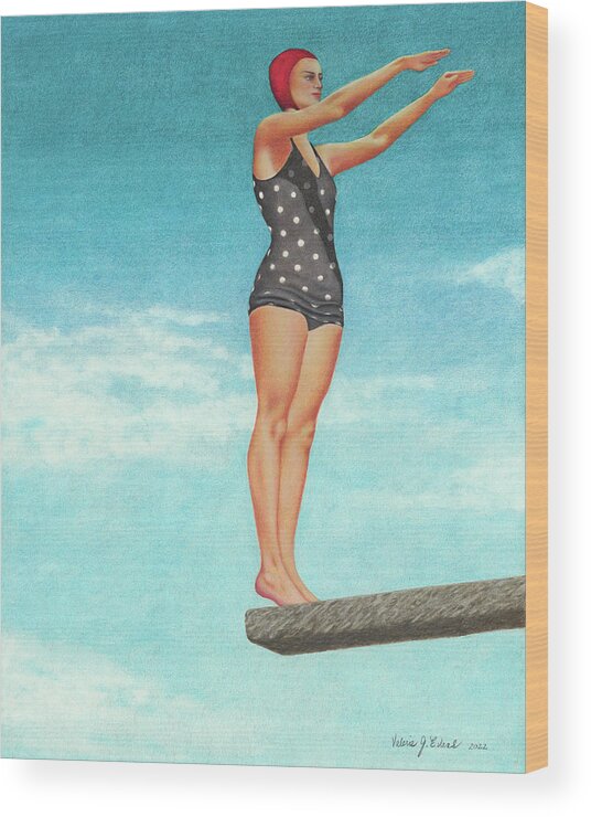 High Dive; Diving Board; Vintage Bathing Beauties; Red Swim Cap; Diving Competitions; Vintage Bathing Suits; Swimming; Polka Dot Swim Suit Wood Print featuring the painting The High Dive by Valerie Evans