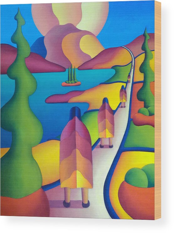 Pilgrimage Wood Print featuring the painting The Pilgrimage to the sacred mountain with five figures by Alan Kenny