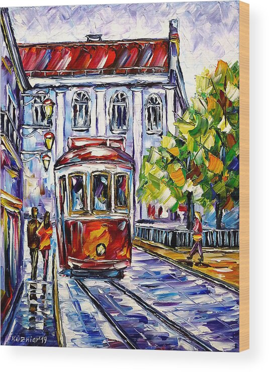 Lisboa Wood Print featuring the painting The Red Trolley Of Lisbon by Mirek Kuzniar
