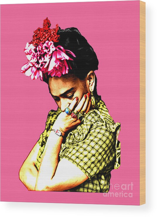 Frida Kahlo Wood Print featuring the digital art Thinking Frida Kahlo by Madame Memento