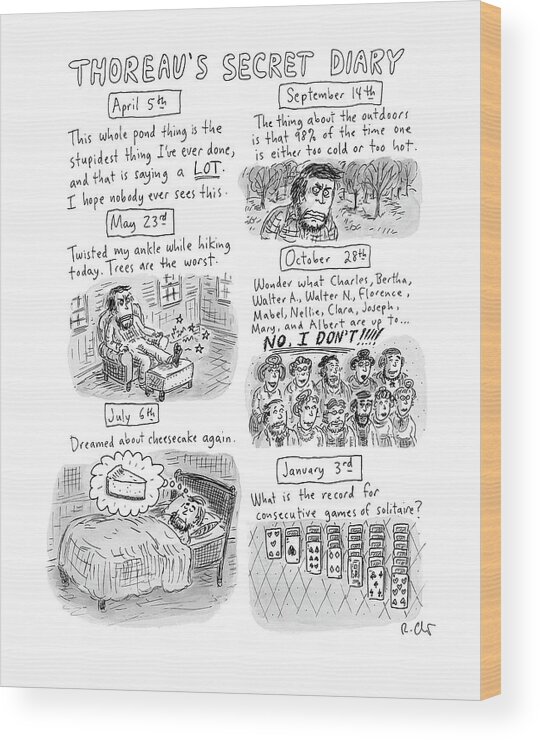 Captionless Wood Print featuring the drawing Thoreaus Secret Diary by Roz Chast