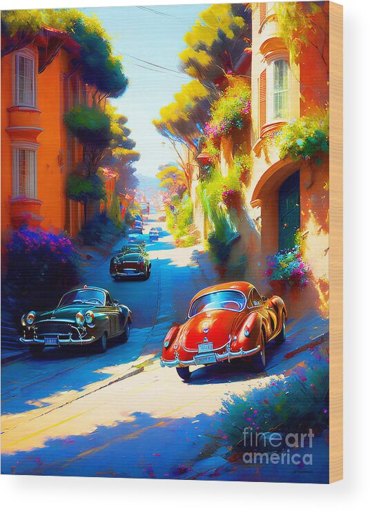 Wingsdomain Wood Print featuring the mixed media Touring A Quaint Coastal Town In Classic Cars 20230111g by Wingsdomain Art and Photography