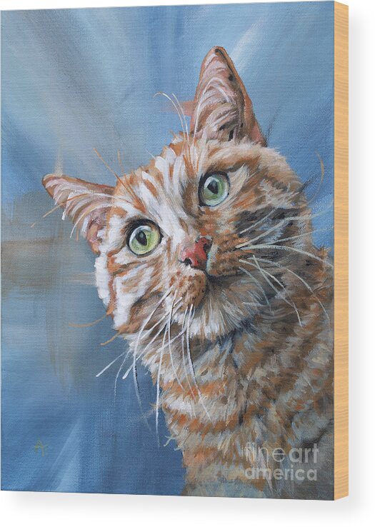 Cat Wood Print featuring the painting Tuna Time - Orange Cat Painting on Blue by Annie Troe