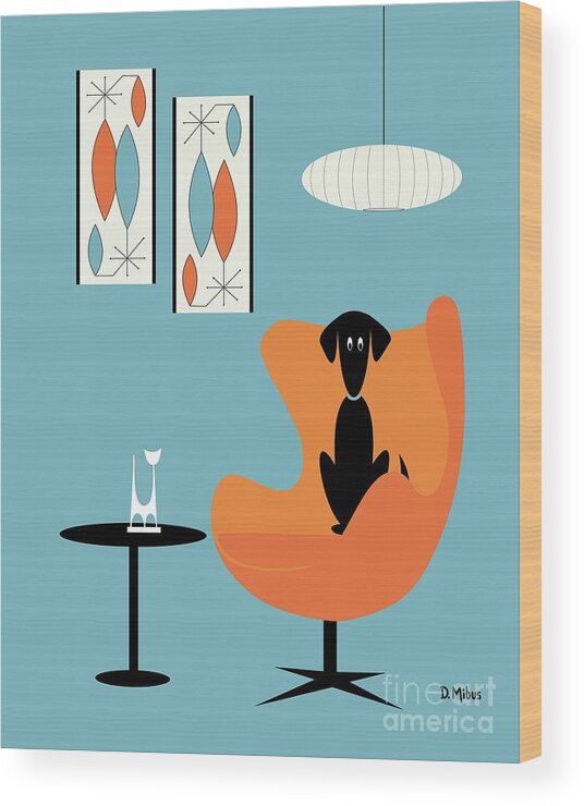 Mid Century Dog Wood Print featuring the digital art Turquoise Room with Black Dog by Donna Mibus