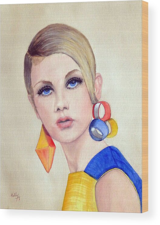 Fashion Wood Print featuring the painting Twiggy the 60's Fashion Icon by Kelly Mills