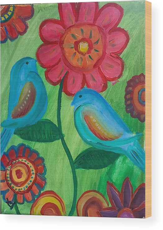 Acrylic Painting Wood Print featuring the painting Two little Birds by Karen Buford