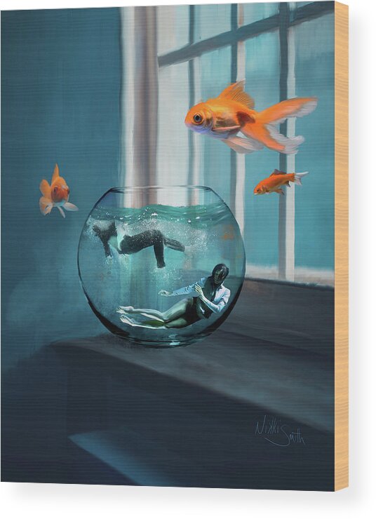 Pink Floyd Wood Print featuring the digital art Two Lost Souls Swimming in a Fishbowl by Nikki Marie Smith