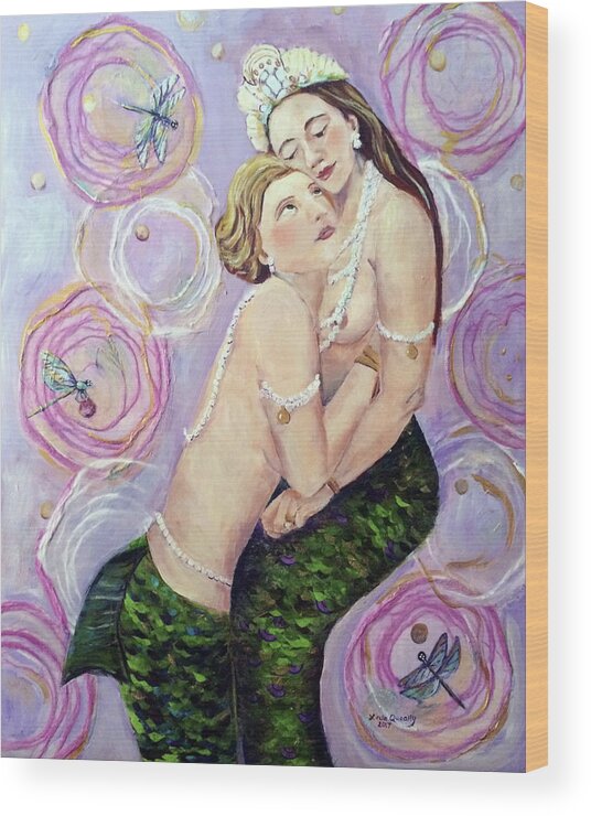 Mermaid Wood Print featuring the painting Two Mermaids in Pink by Linda Queally by Linda Queally