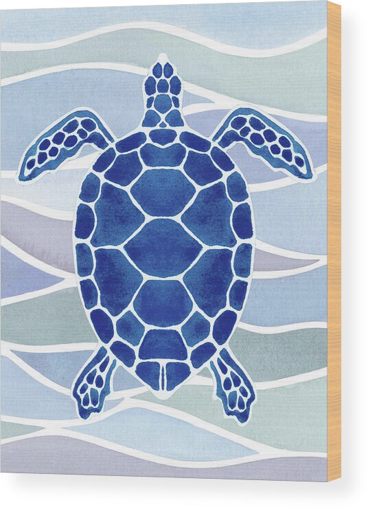 Giant Wood Print featuring the painting Ultramarine Blue Giant Turtle In Waves Watercolor by Irina Sztukowski