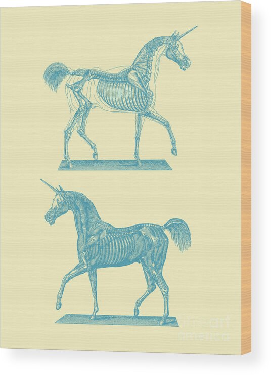 Unicorn Wood Print featuring the digital art Unicorns In Blue And Light Yellow by Madame Memento