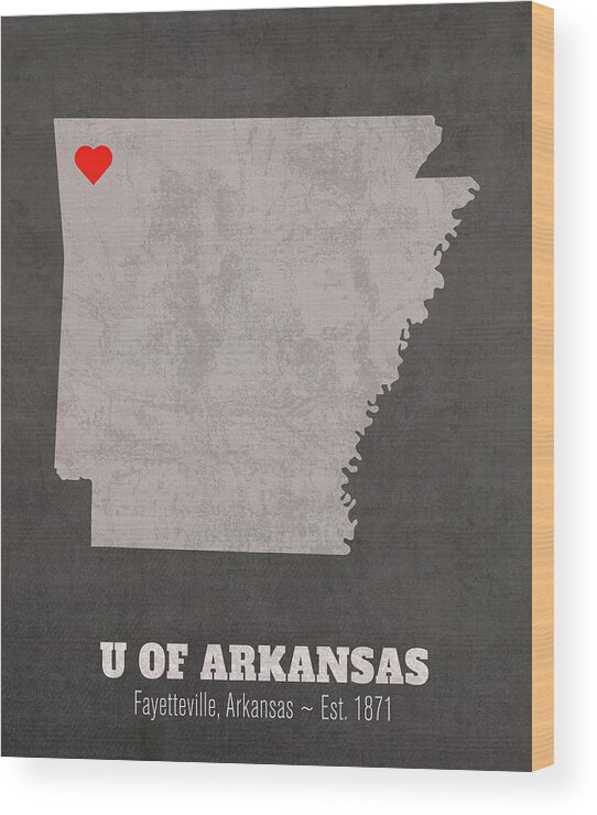 University Of Arkansas Wood Print featuring the mixed media University of Arkansas Fayetteville Arkansas Founded Date Heart Map by Design Turnpike