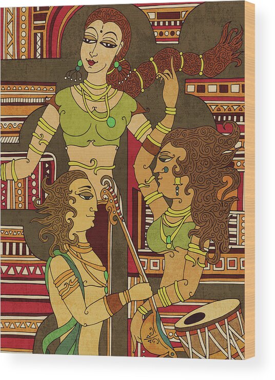 Indian Art Wood Print featuring the mixed media Utsav 1 - Traditional Indian art depicting Celebration and festivity - Mural Painting - Diptych by Studio Grafiikka