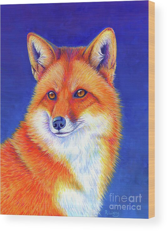 Red Fox Wood Print featuring the painting Vibrant Flame - Colorful Red Fox by Rebecca Wang