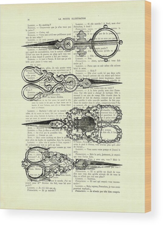 Scissors Wood Print featuring the mixed media Victorian set of sewing scissors in black and white by Madame Memento