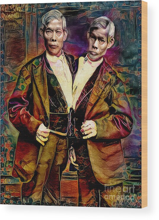 Wingsdomain Wood Print featuring the photograph Vintage Nostalgic Circus Sideshow Chang and Eng Bunker Siamese Twins 20210913 by Wingsdomain Art and Photography