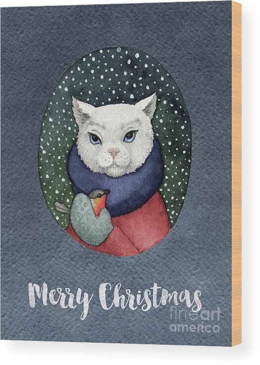 Cat Wood Print featuring the painting Watercolor Cat Winter Christmas Holiday by Modern Art