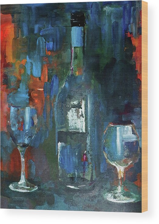 Grunge Wood Print featuring the painting What Was Left Behind Empty Wine Bottle by Lisa Kaiser