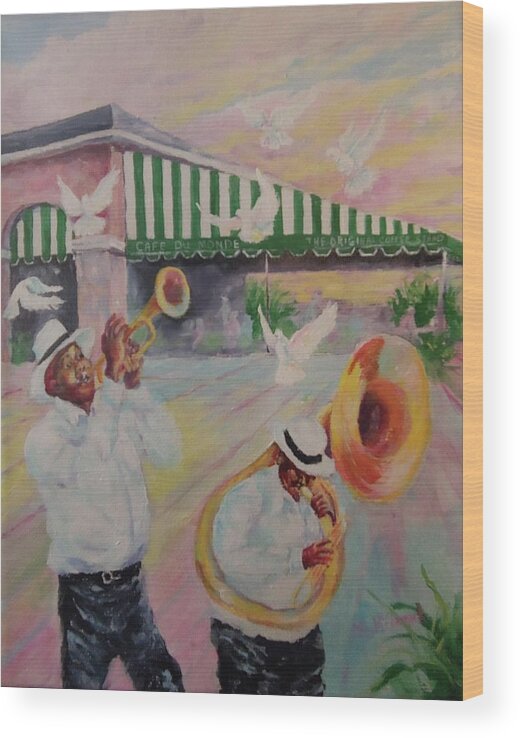 Mardi Gras Wood Print featuring the painting When the Saints Go Marching In--Cafe Du Monde by ML McCormick
