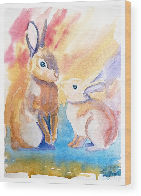 Whimsical Wood Print featuring the painting Whimsical Bunny Pair by Renee Forth-Fukumoto