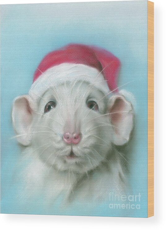 Animal Wood Print featuring the painting White Christmas Rat with a Santa Hat by MM Anderson