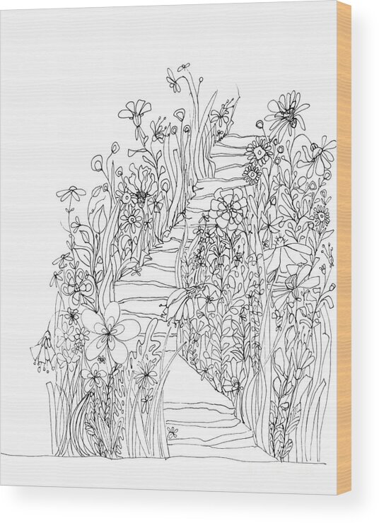 Wildflowers Stairs. Ink Drawing Art Wood Print featuring the drawing Wildflowers Stairs - Ink Drawing Art by Patricia Awapara