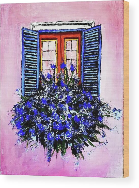  Wood Print featuring the painting Window Box with Blue Flowers by Amy Kuenzie
