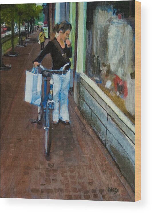 Walt Maes Wood Print featuring the painting Window shopper in Amsterdam by Walt Maes