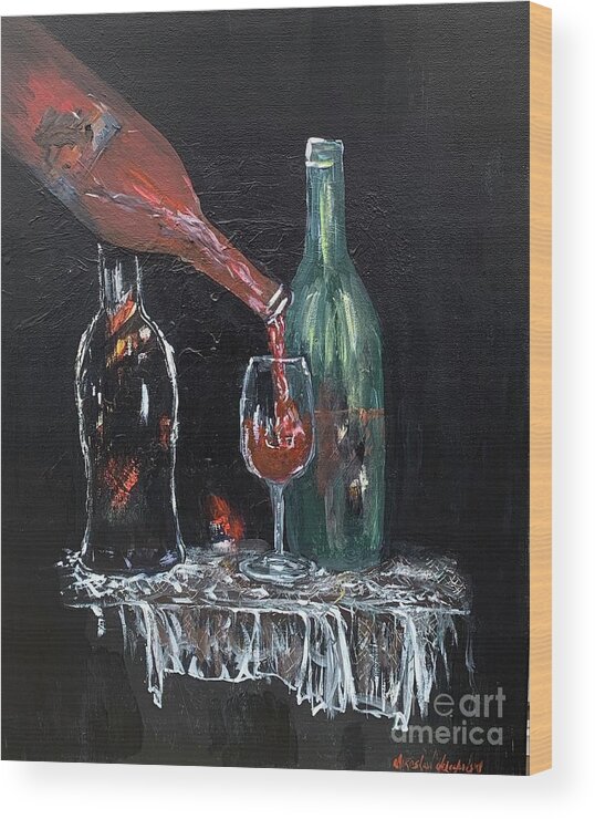 Miroslaw Chelchowski Wine Acrylic Painting On Canvas Print Dark Black Bottle Glass Table Cloth White Green Red Wood Print featuring the painting Wine by Miroslaw Chelchowski