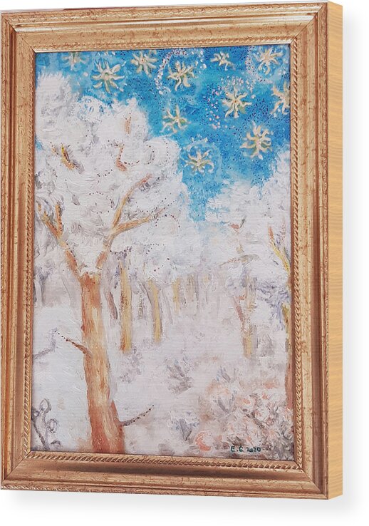 Winter Oil Landscape In A Golden Frame. Wood Print featuring the painting Winter oil landscape in a golden frame. by Elzbieta Goszczycka