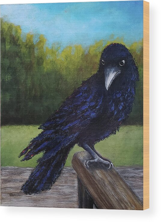 Crow Wood Print featuring the painting With Baited Breath by Cindy Johnston