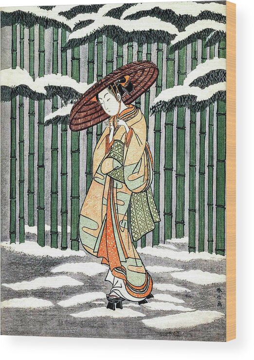 Japan Wood Print featuring the digital art Woman Walk In Front of the Bamboo Fence by Long Shot