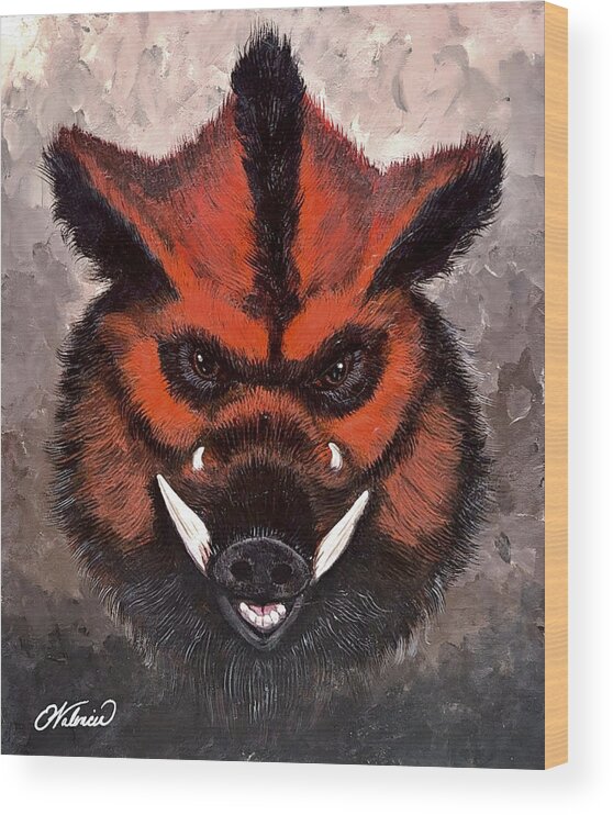 Arkansas Wood Print featuring the painting Woo Pig Sooie by Emanuel Alvarez Valencia