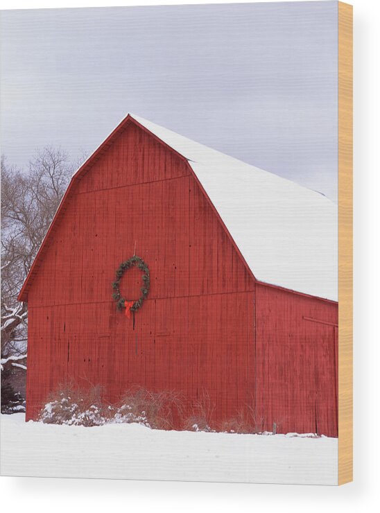 Agricultural Building Agriculture Architecture Bare Tree Barn Building Exterior Celebration Christmas Cold Farm Farmhouse Field Frozen Leelanau County Leland Michigan Red Rural Scene Traditional Culture Travel Destinations Usa Winter Wreath Cold Temperature Color Image Covering Day Gable Hanging No People Outdoors Photography Sky Snow Vertical Built Structure Building Structure Wood Print featuring the photograph Wreath hanging on a barn, Leland, Leelanau County, Michigan, USA by Panoramic Images